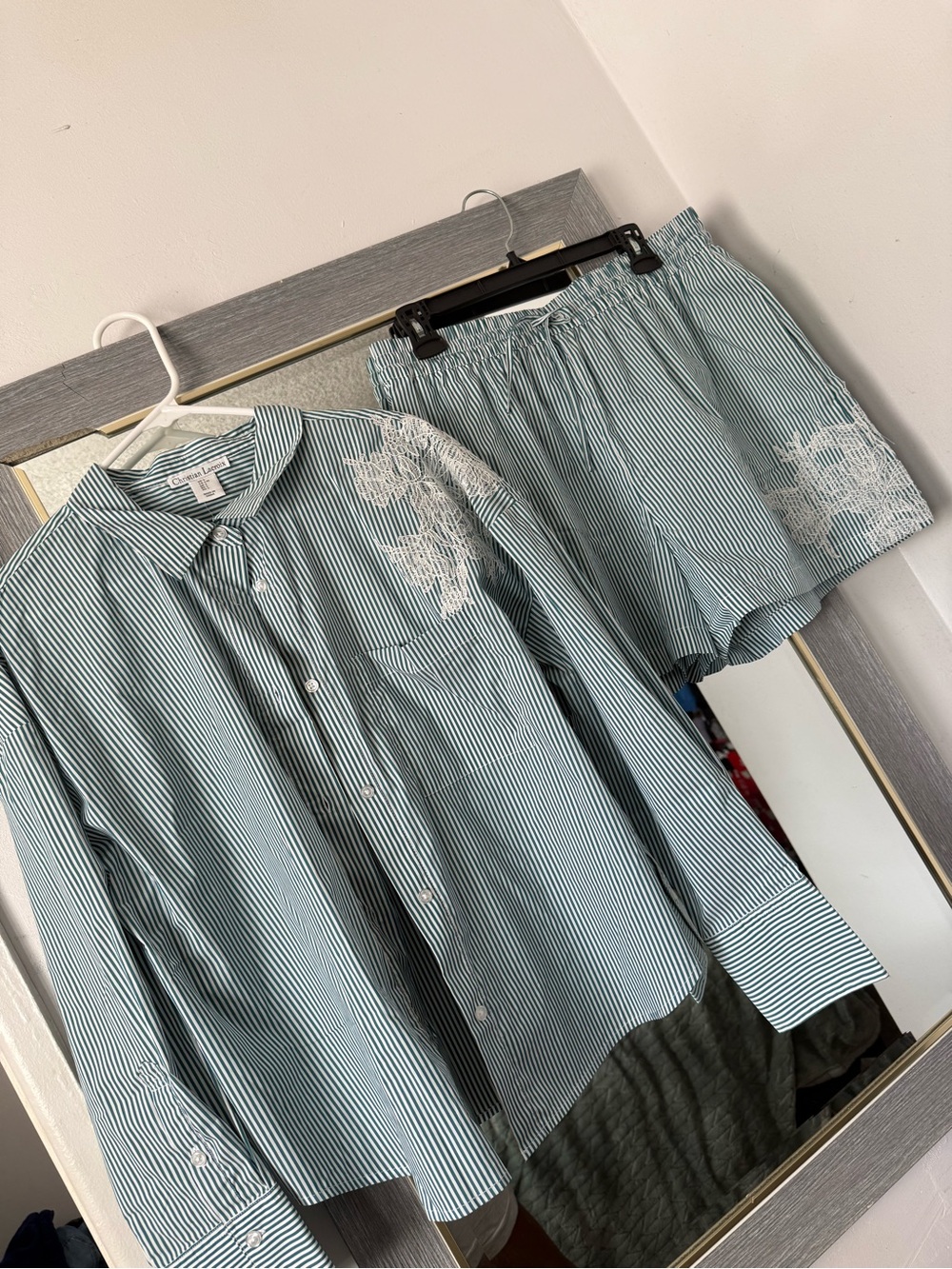 Striped Green Button-Down Shirt with Lace Detail - Womens
